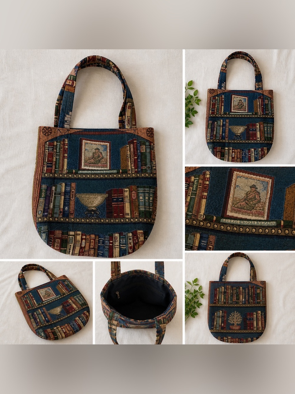Handmade Library-Print Canvas Tote Bag in Teal and Brown - Picture 2 of 2